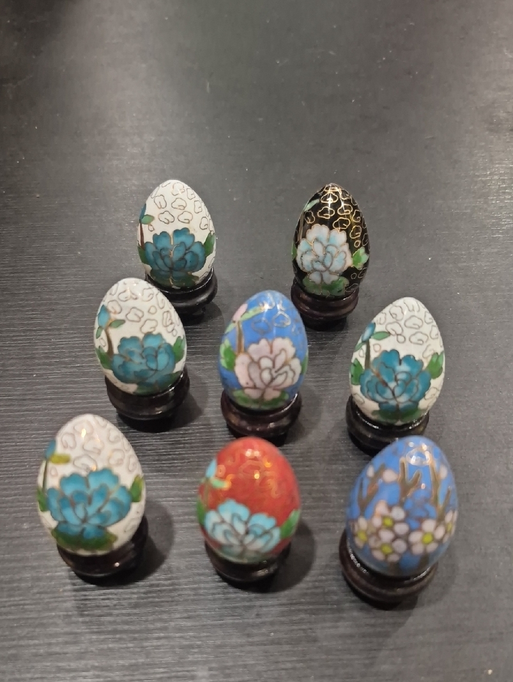 Vintage Chinese Cloisonne Egg w/ Wood Stand 1.5 8 Eggs